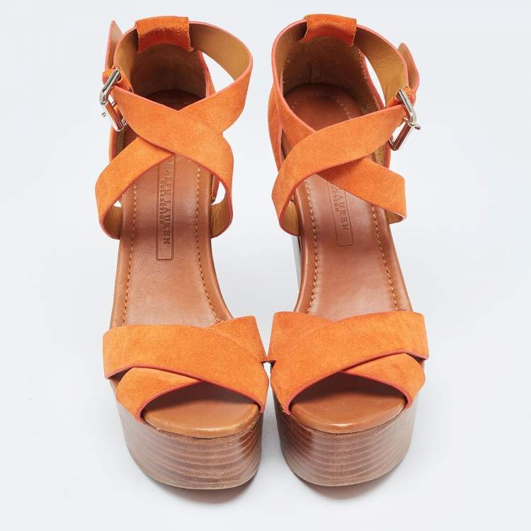 Pre Owned Ralph Lauren Collection Orange Suede Alannah Sandals Size 38