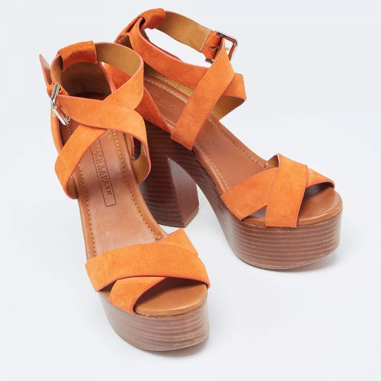 Pre Owned Ralph Lauren Collection Orange Suede Alannah Sandals Size 38