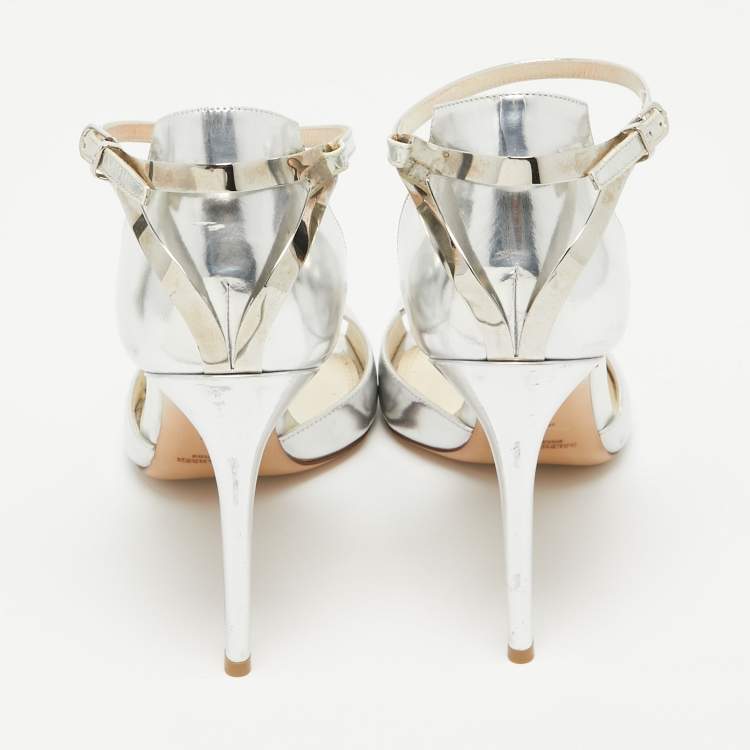 Pre Owned Ralph Lauren Collection Silver Leather Ankle Strap Sandals Size 41