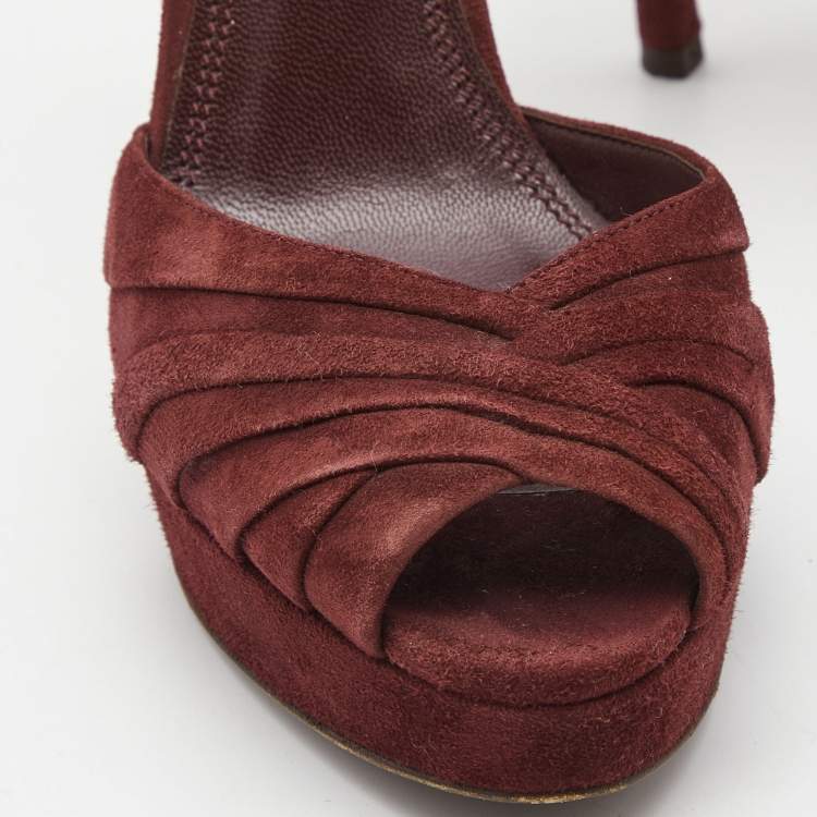 Pre Owned Ralph Lauren Burgundy Suede Peep Toe Platform Ankle Strap Sandals Size 40