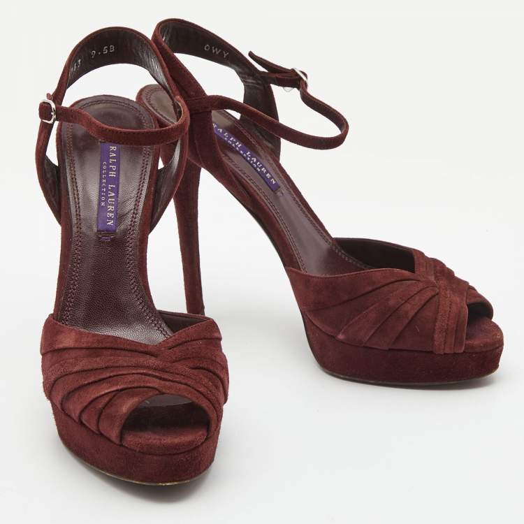 Pre Owned Ralph Lauren Burgundy Suede Peep Toe Platform Ankle Strap Sandals Size 40