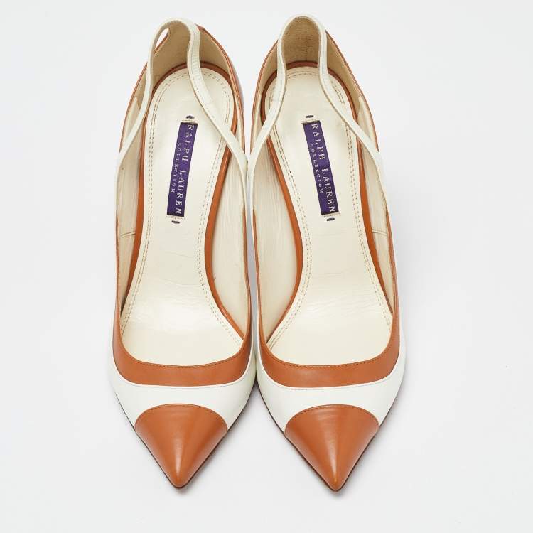 Pre Owned Ralph Lauren Collection Cream/Brown Leather Pointed Toe Pumps Size 39