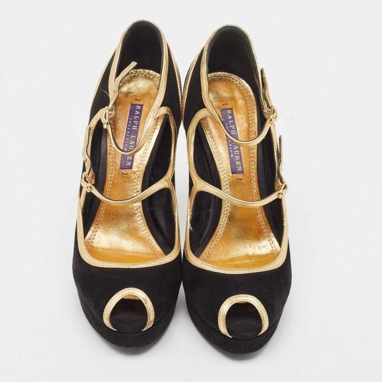 Pre Owned Ralph Lauren Collection Black Suede and Leather Peep Toe Pumps Size 38.5