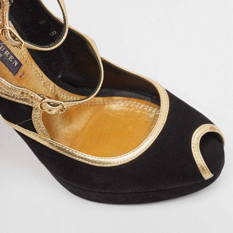 Pre Owned Ralph Lauren Collection Black Suede and Leather Peep Toe Pumps Size 38.5