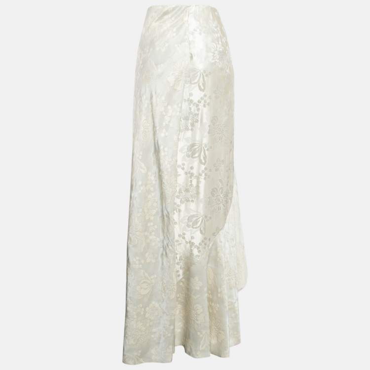 Pre Owned Ralph Lauren Cream Floral Lamé Jacquard Ruffled Maxi Skirt M