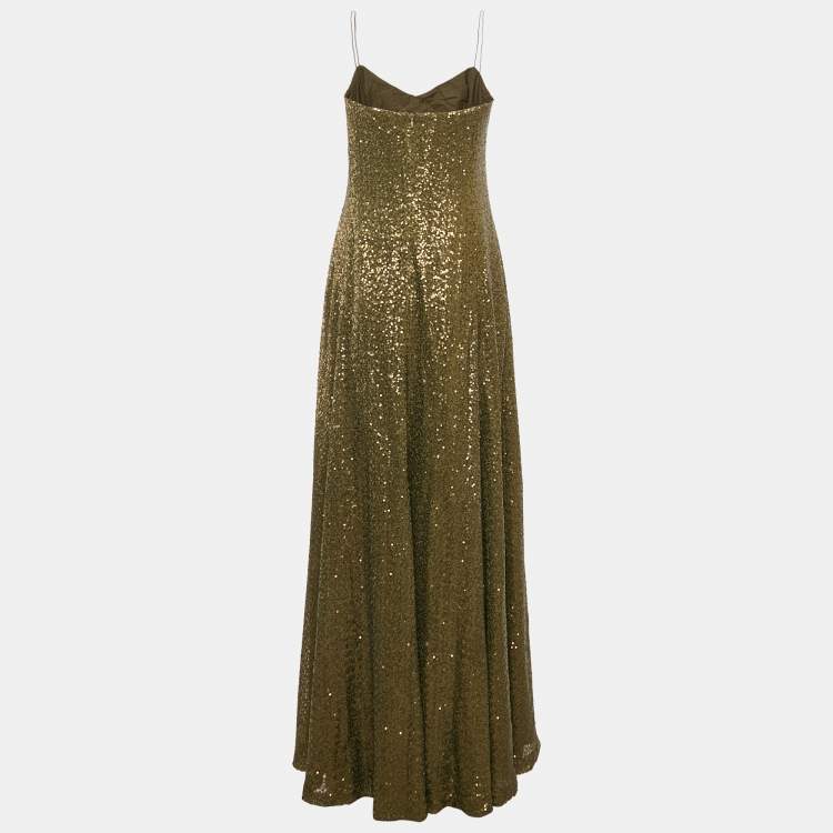 Pre Owned Ralph Lauren Evening Olive Green Sequin Mesh Maxi Dress XL