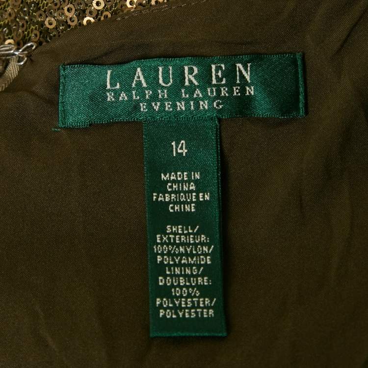 Pre Owned Ralph Lauren Evening Olive Green Sequin Mesh Maxi Dress XL