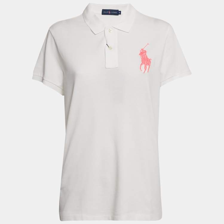 Pre Owned Ralph Lauren White Cotton Pique Pink Pony Polo T-Shirt XL