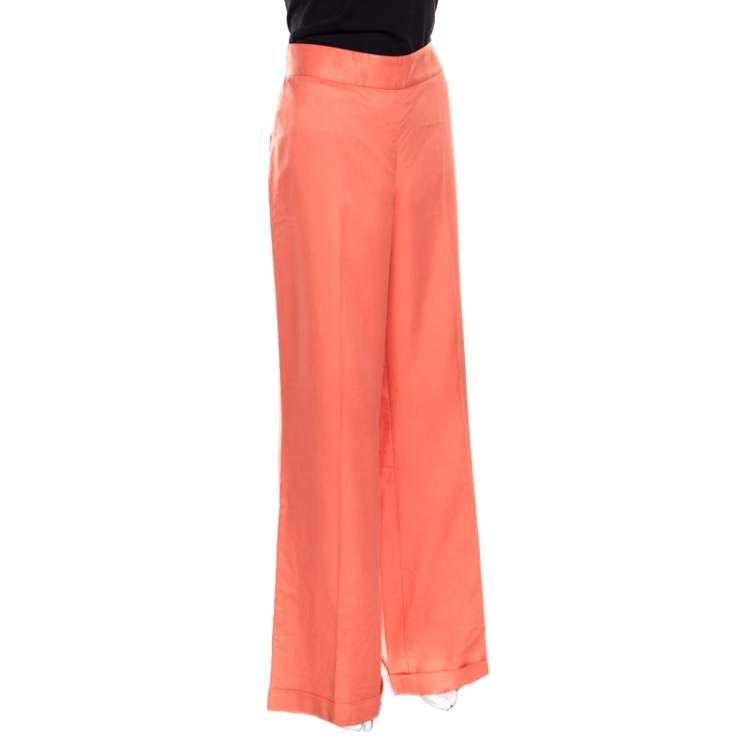 مملوكة مسبقًا Ralph Lauren Coral Silk Side Button Detail Wide Leg Pants L