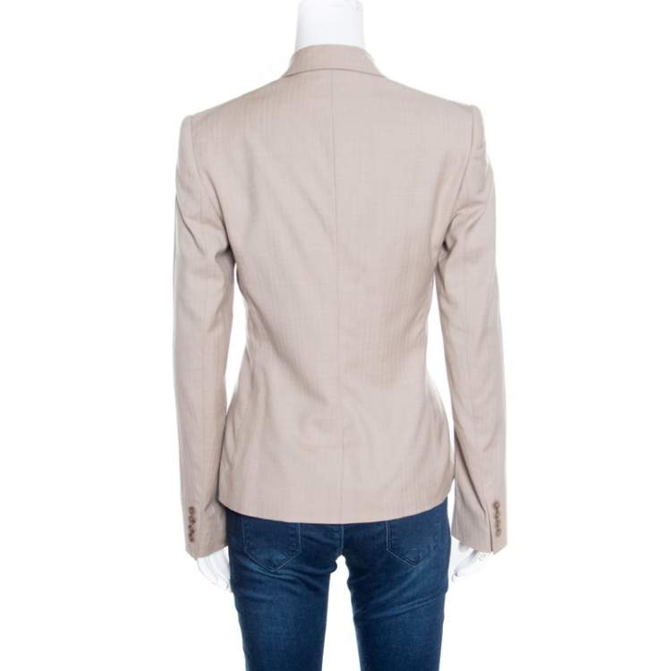 Pre Owned Ralph Lauren Beige Wool Herringbone Pattern Cynthia Blazer S