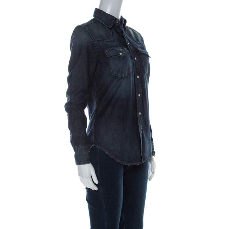 Pre Owned Ralph Lauren Blue Medium Wash Denim Vintage Finish Snap Button Shirt S 