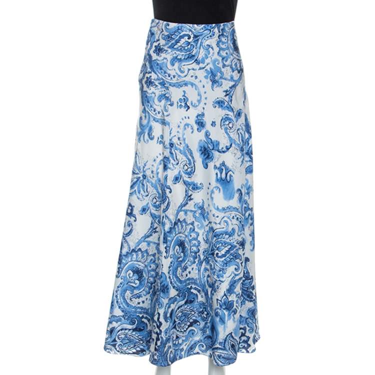 Pre Owned Ralph Lauren White and Blue Paisley Print Silk Bria Maxi Skirt M