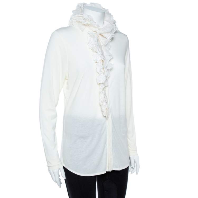 Pre Owned Ralph Lauren Cream Stretch Knit Evelyn Ruffle Blouse L