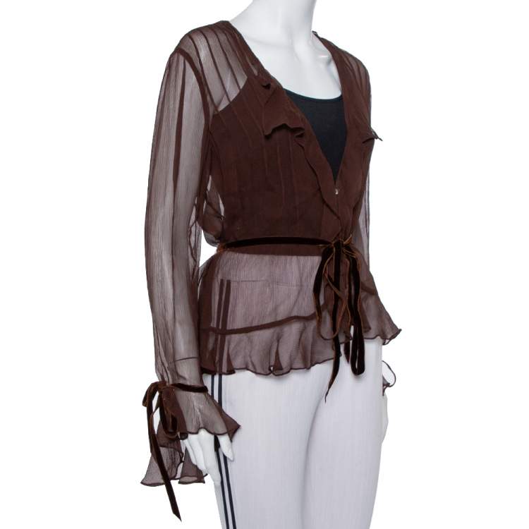 Pre Owned Ralph Lauren Brown Silk Ruffle detail Sheer Top L