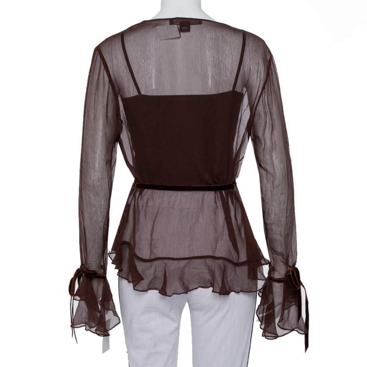 Pre Owned Ralph Lauren Brown Silk Ruffle detail Sheer Top L