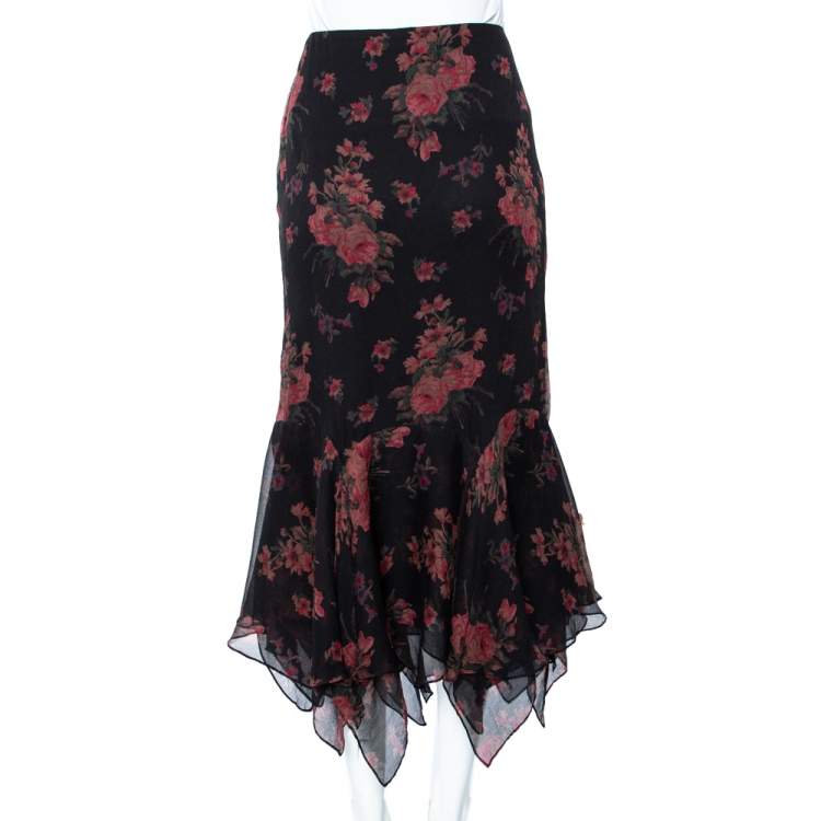 Pre Owned Ralph Lauren Black Floral Printed Silk Gathered Detailed Midi Skirt M