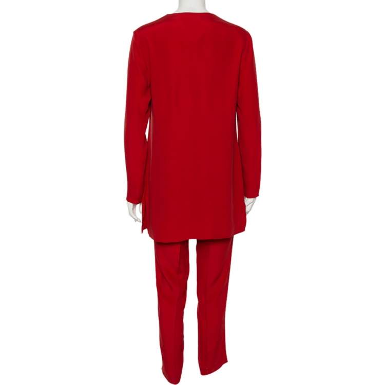 Pre Owned Ralph Lauren Red Crepe Long Sleeve Blouse & Pant M