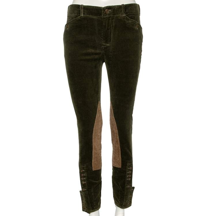 مملوكة مسبقًا Ralph Lauren Green Corduroy & Suede Patch Detail Polo Pants M