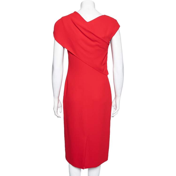 Pre Owned Ralph Lauren Red Crepe Overlay Detailed Midi Sheath Dress S 