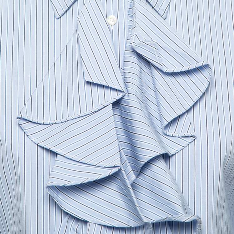 مملوكة مسبقًا Ralph Lauren Blue Striped Cotton Ruffle Trimmed Button Front Shirt M