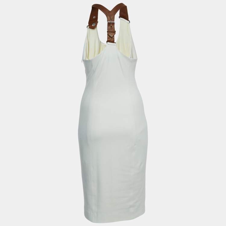 Pre Owned Ralph Lauren Cream Double Knit Leather T-Back Davyn Midi Dress S