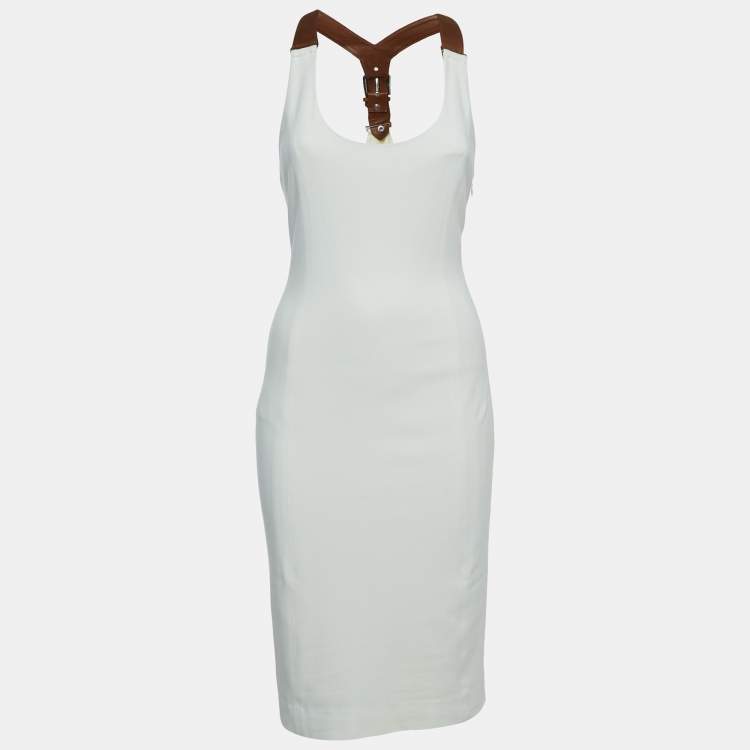 Pre Owned Ralph Lauren Cream Double Knit Leather T-Back Davyn Midi Dress S