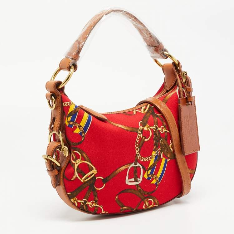 Pre Owned Ralph Lauren Red Printed Canvas and Leather Crossbody Bag