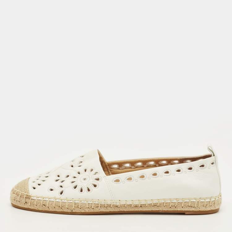 Pre Owned Ralph Lauren Cameryn Eylt Size 37 White Leather Espadrille Flats