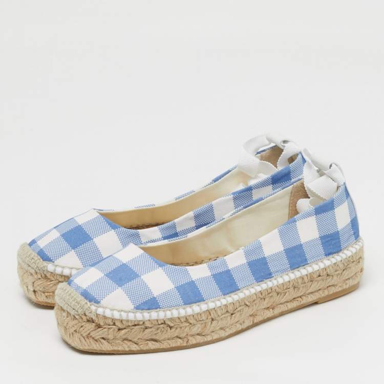 Pre Owned Polo Ralph Lauren Gingham Size 36.5 Blue/White Canvas Espadrille Flats