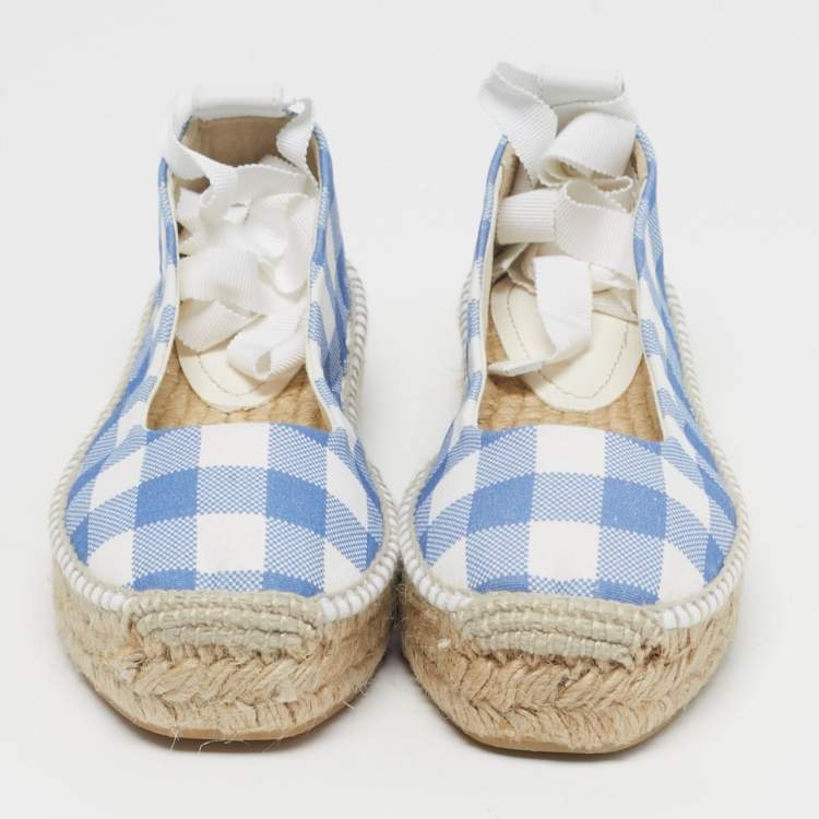 Pre Owned Polo Ralph Lauren Gingham Size 36.5 Blue/White Canvas Espadrille Flats