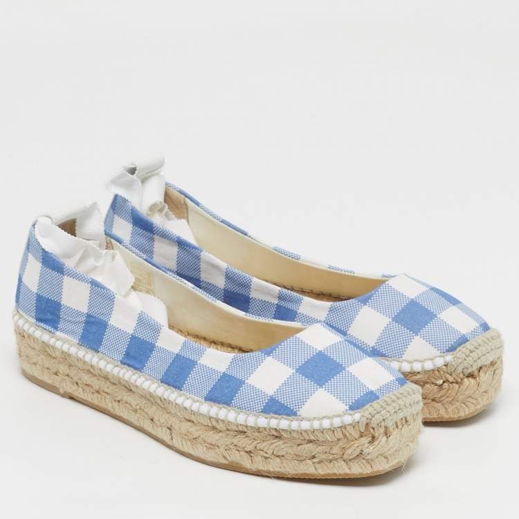 Pre Owned Polo Ralph Lauren Gingham Size 36.5 Blue/White Canvas Espadrille Flats