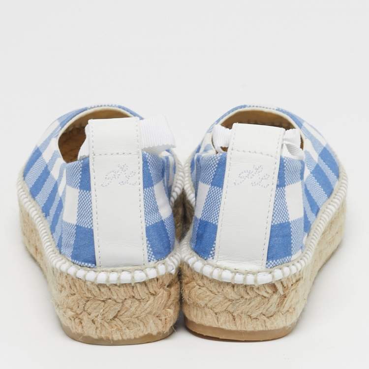 Pre Owned Polo Ralph Lauren Gingham Size 36.5 Blue/White Canvas Espadrille Flats