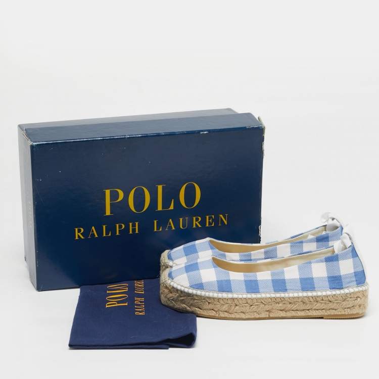 Pre Owned Polo Ralph Lauren Gingham Size 36.5 Blue/White Canvas Espadrille Flats