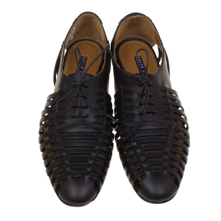 Pre Owned Ralph Lauren Black Leather Quilissa Cut Out Oxfords Size 39.5