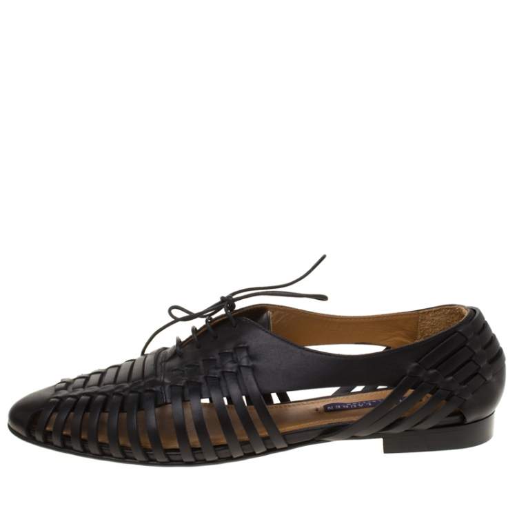 Pre Owned Ralph Lauren Black Leather Quilissa Cut Out Oxfords Size 39.5