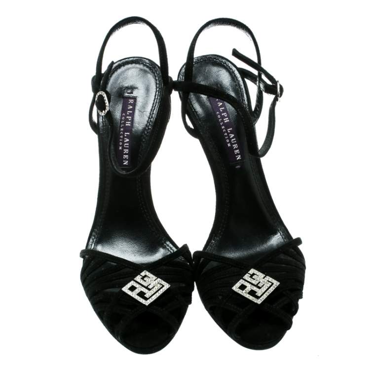 Pre Owned Ralph Lauren Black Suede Jalia Crystal Embellished Strappy Sandals Size 37.5