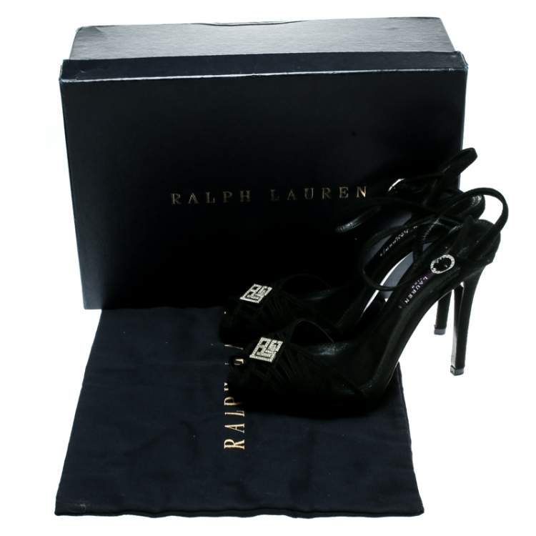 Pre Owned Ralph Lauren Black Suede Jalia Crystal Embellished Strappy Sandals Size 37.5