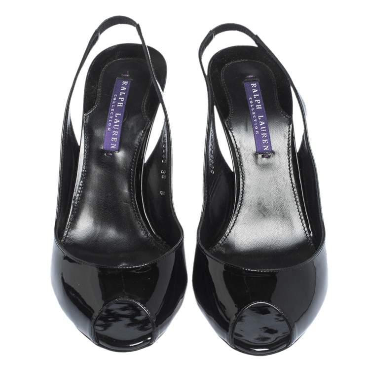 Pre Owned Ralph Lauren Black Patent Leather Peep Toe Slingback Sandals Size 38
