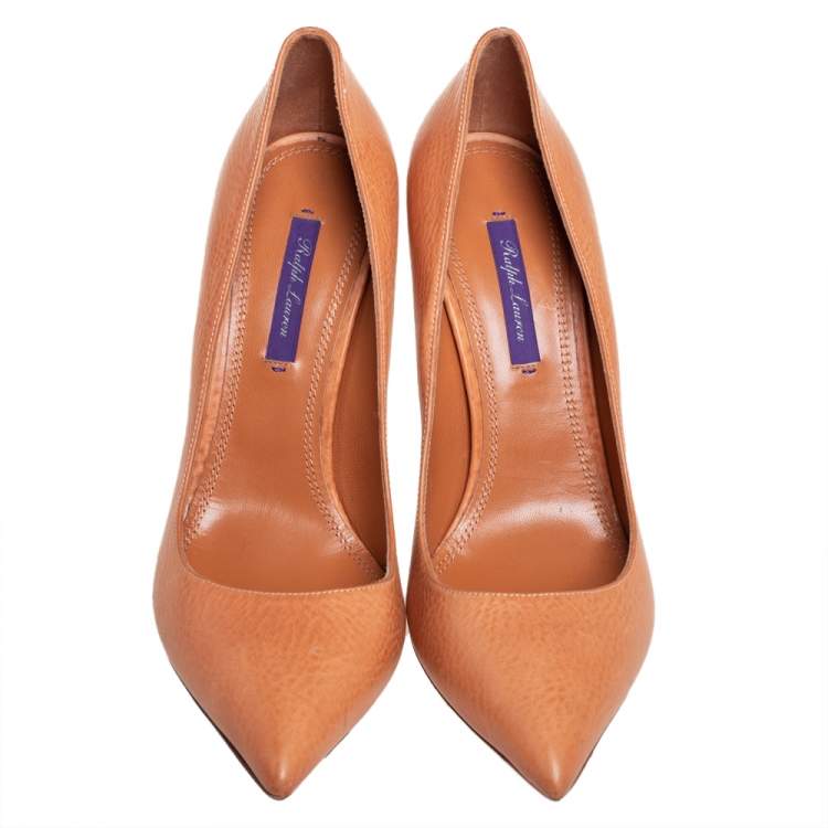 Pre Owned Ralph Lauren Orange Leather Pointed Toe Pumps Size 40.5