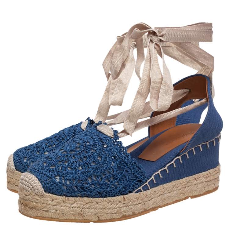 Pre Owned Ralph Lauren Blue Crochet Fabric Uma Espadrille Wedge Ankle Wrap Platform Sandals Size 41