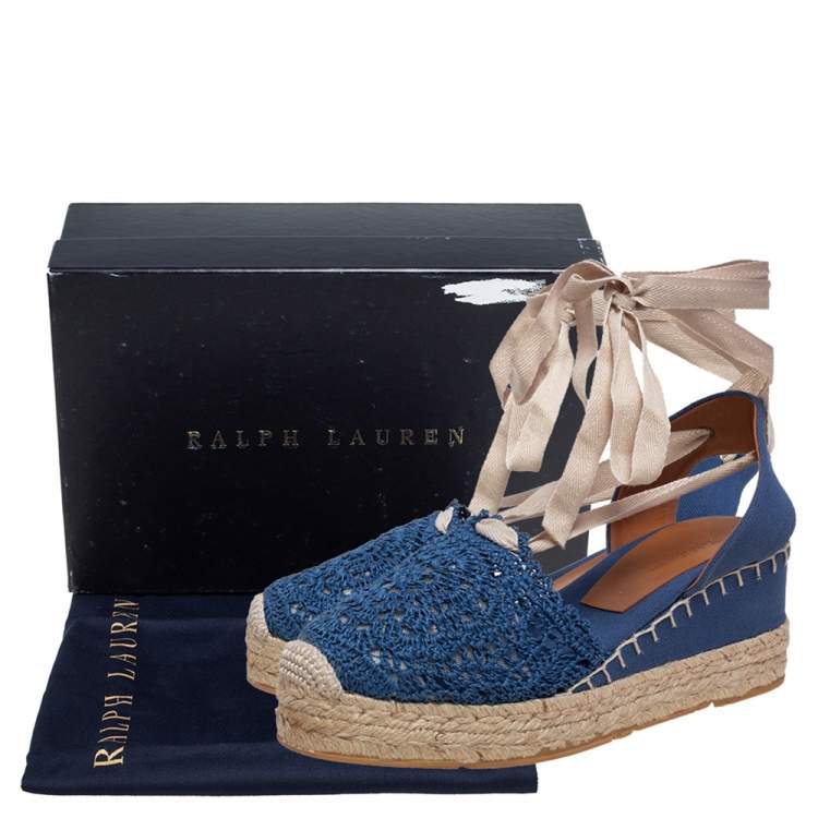 Pre Owned Ralph Lauren Blue Crochet Fabric Uma Espadrille Wedge Ankle Wrap Platform Sandals Size 41
