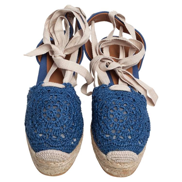 Pre Owned Ralph Lauren Blue Crochet Fabric Uma Espadrille Wedge Ankle Wrap Platform Sandals Size 41