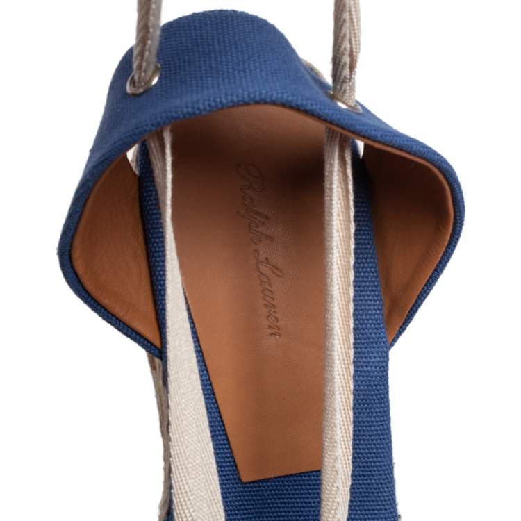 Pre Owned Ralph Lauren Blue Crochet Fabric Uma Espadrille Wedge Ankle Wrap Platform Sandals Size 41