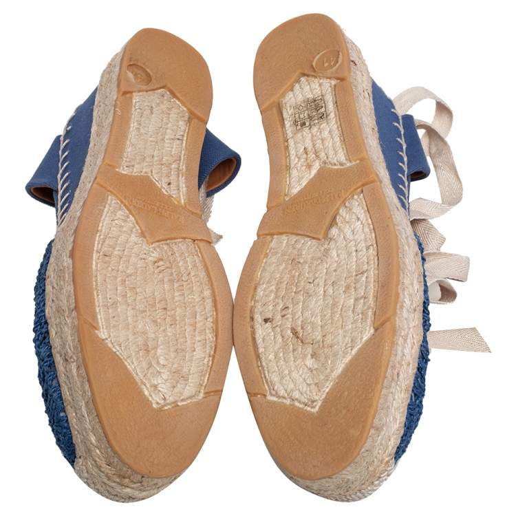 Pre Owned Ralph Lauren Blue Crochet Fabric Uma Espadrille Wedge Ankle Wrap Platform Sandals Size 41