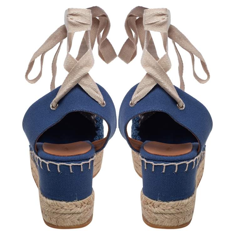 Pre Owned Ralph Lauren Blue Crochet Fabric Uma Espadrille Wedge Ankle Wrap Platform Sandals Size 41