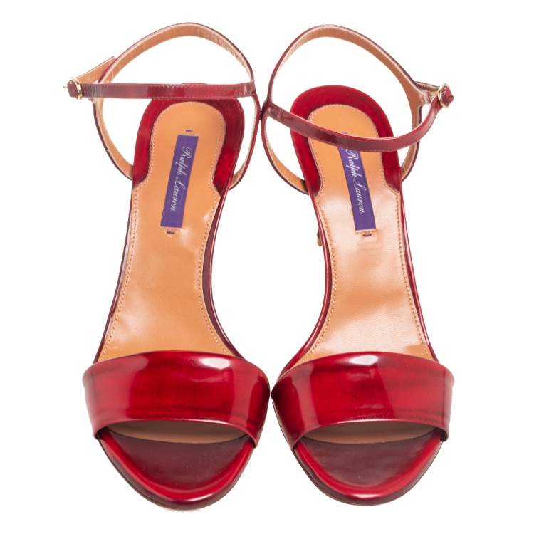 Pre Owned Ralph Lauren Red Patent Leather Open Toe Ankle Strap Sandals Size 40
