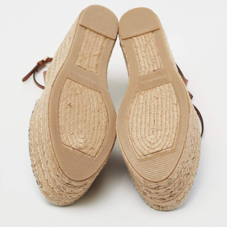 Pre Owned Ralph Lauren Tricolor Fabric And Leather Wedge Espadrilles Size 40