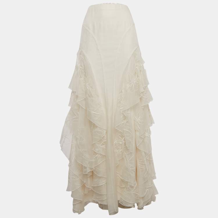 Pre Owned Ralph Lauren Purple Label Ivory Embroidered Organza Silk Ruffled Maxi Skirt S