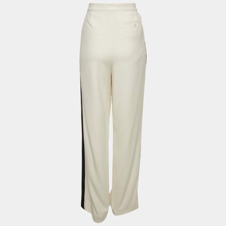 Pre Owned Ralph Lauren Purple Label Off-White Crepe Contrast Trim Straight Leg Trousers M