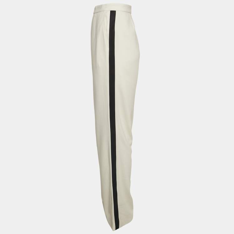 Pre Owned Ralph Lauren Purple Label Off-White Crepe Contrast Trim Straight Leg Trousers M